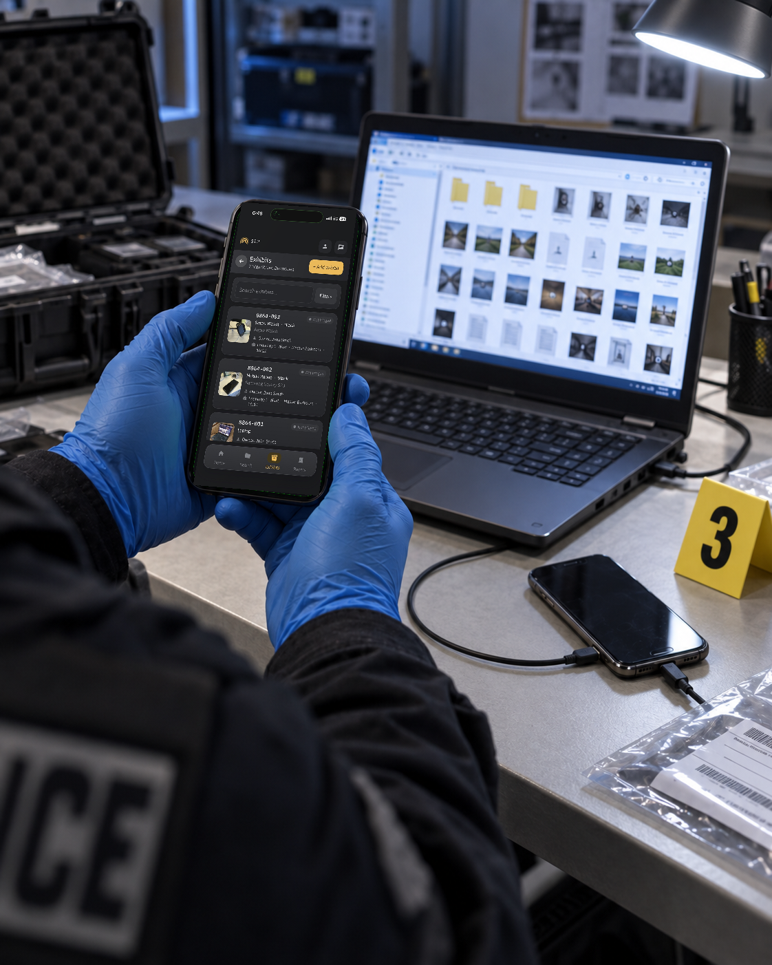 An examiner reviews a device’s files while recording in SIP