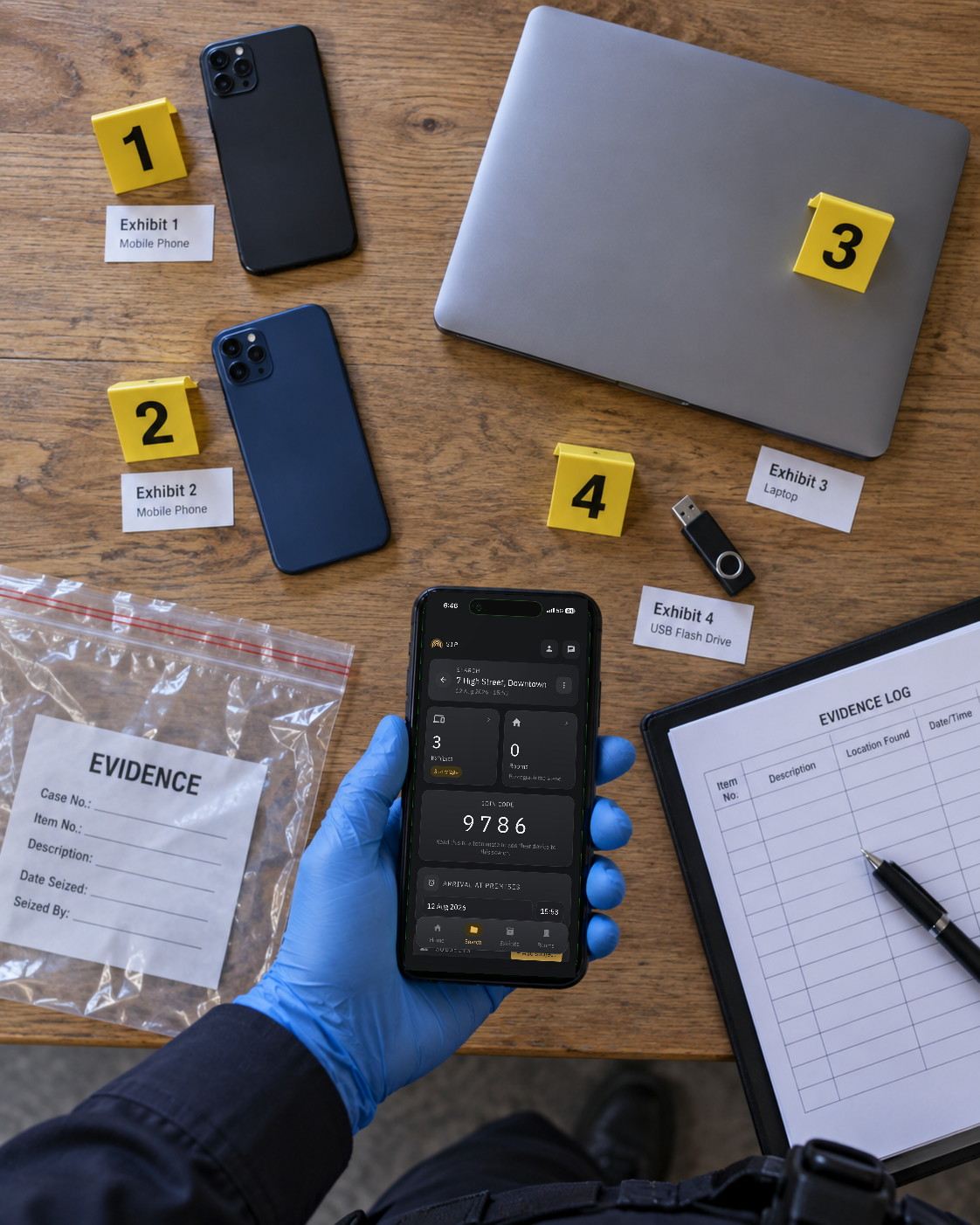 Devices marked as exhibits, managed in SIP
