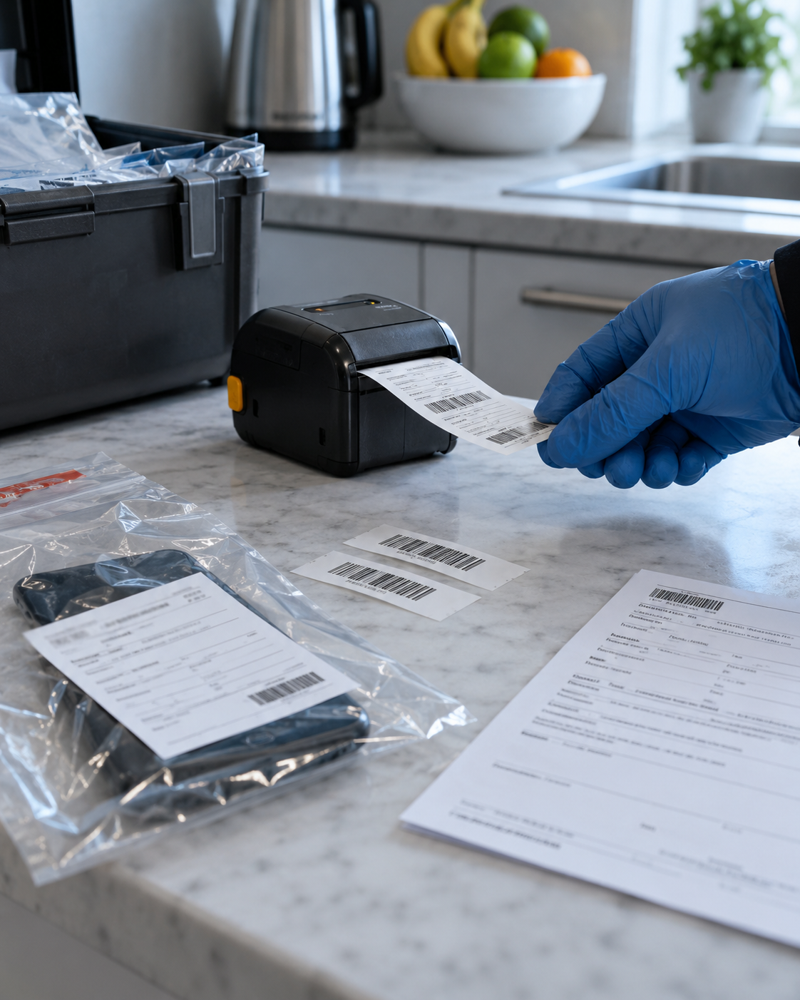 A portable printer producing continuity labels and a receipt